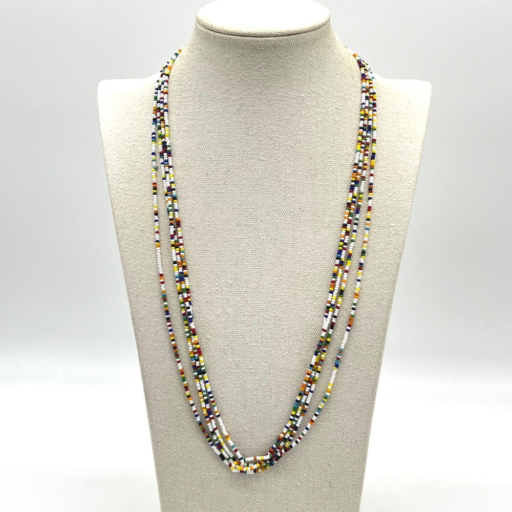 Long Multi Color Seed Bead Necklace Single Strand White Red Blue Yellow 50 Inch